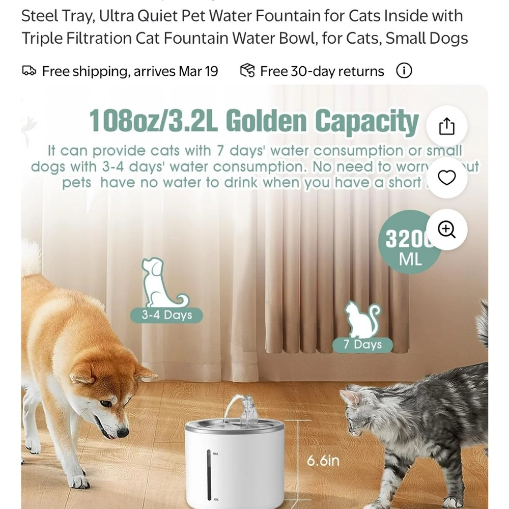 Pet Fountain with Stainless Steel Tray, Automatic Dog / Cat Water Bowl Fountain